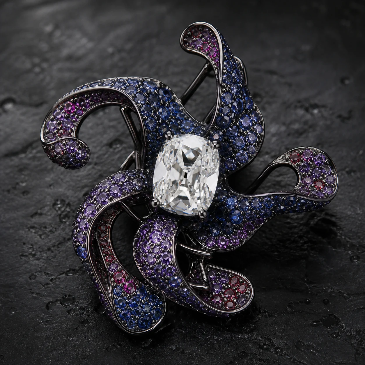 Sculptural brooch with a cushion-cut diamond and blue and purple stones