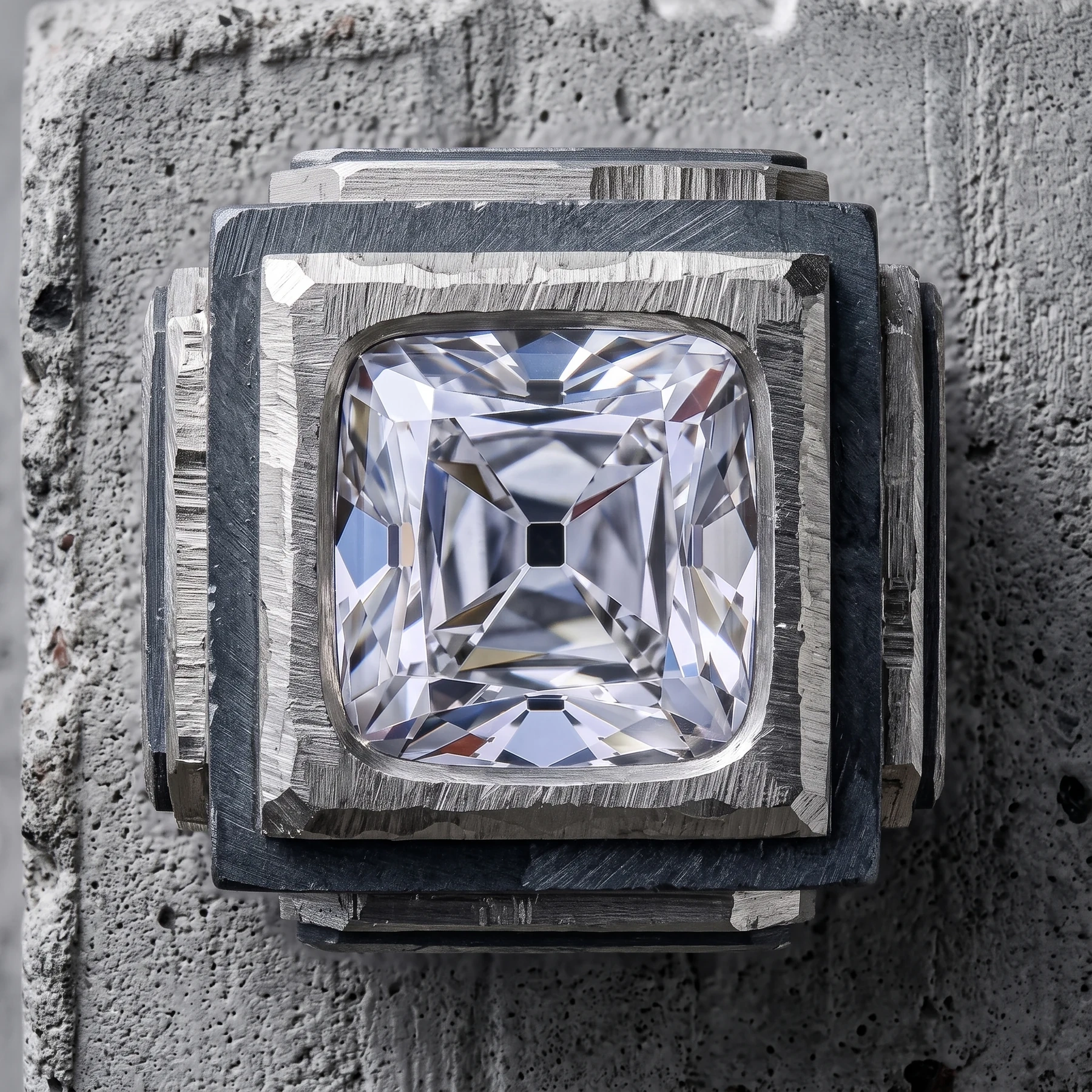 Architectural ring concept centred on a square step-cut diamond