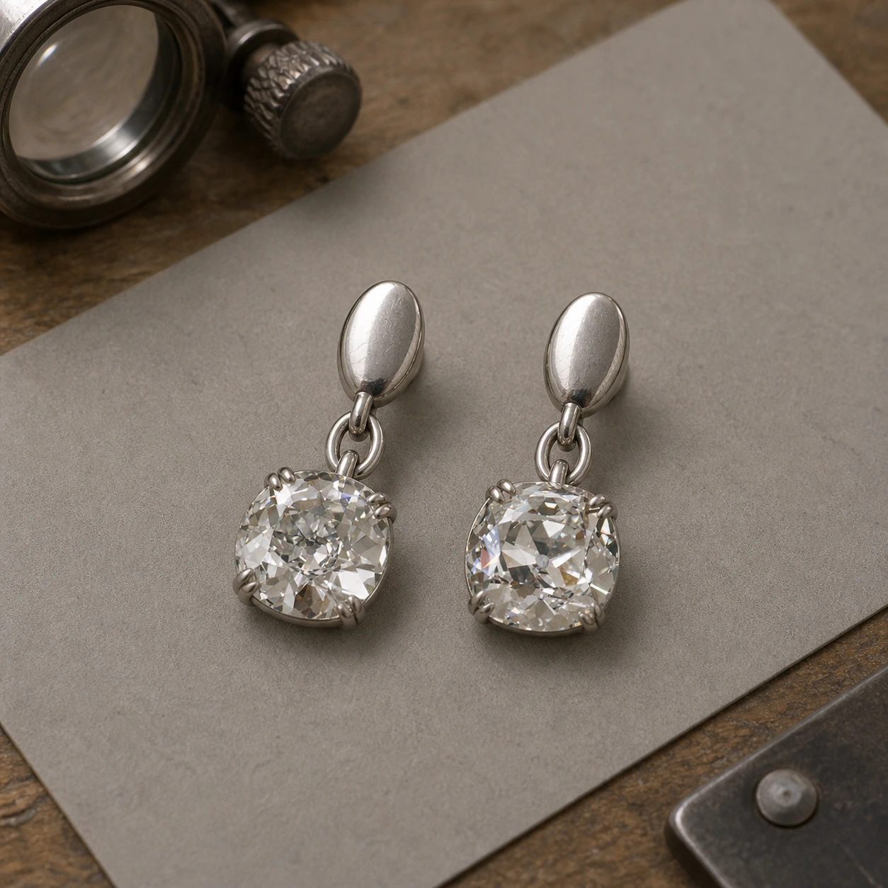 Pair of platinum drop earrings set with 5 Ct. D IF Old Mine cushion diamonds