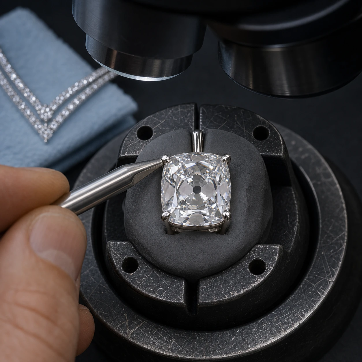 Workshop process study of an antique cushion diamond ring being set under magnification