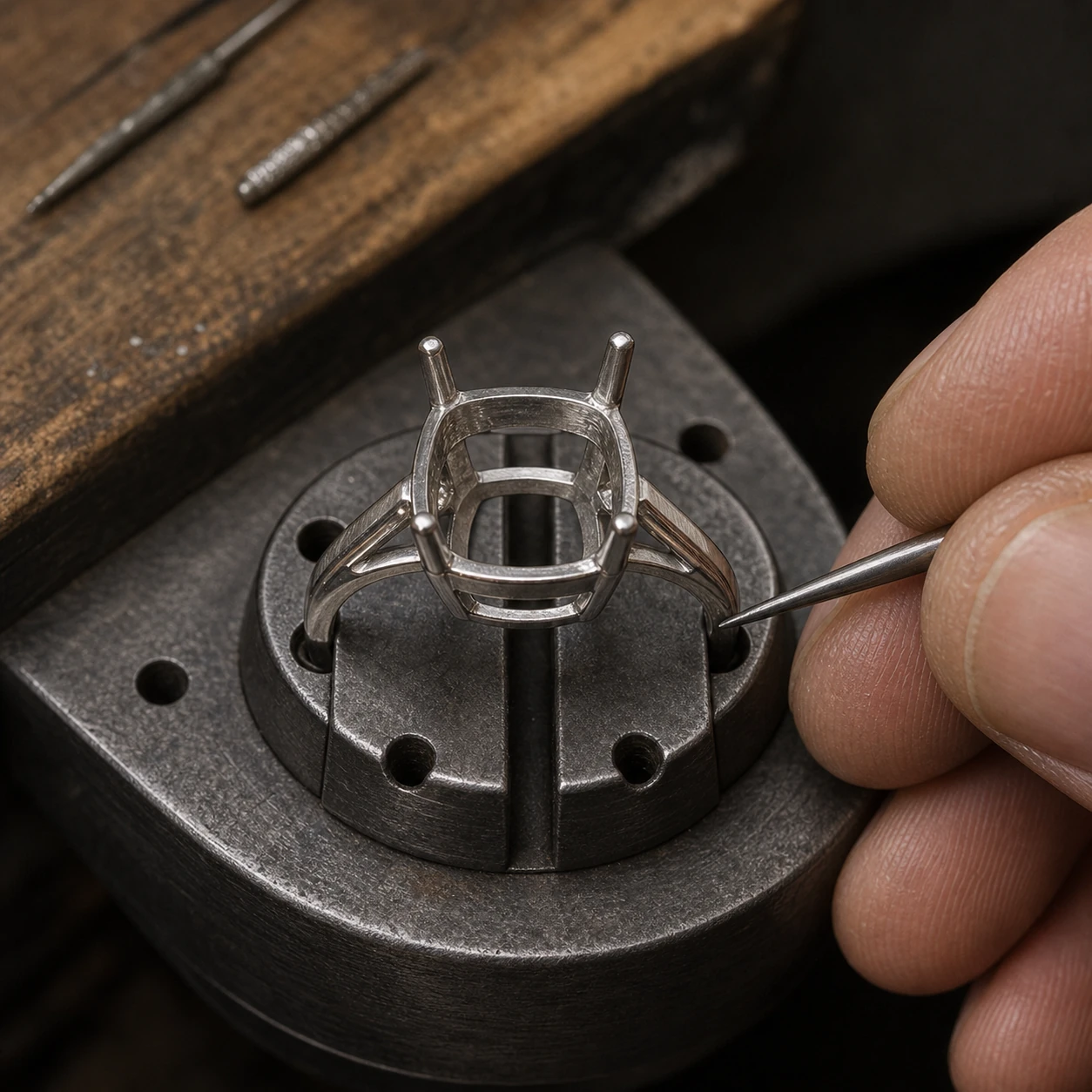 Workshop process study of an empty platinum cushion ring mount being assembled at the bench