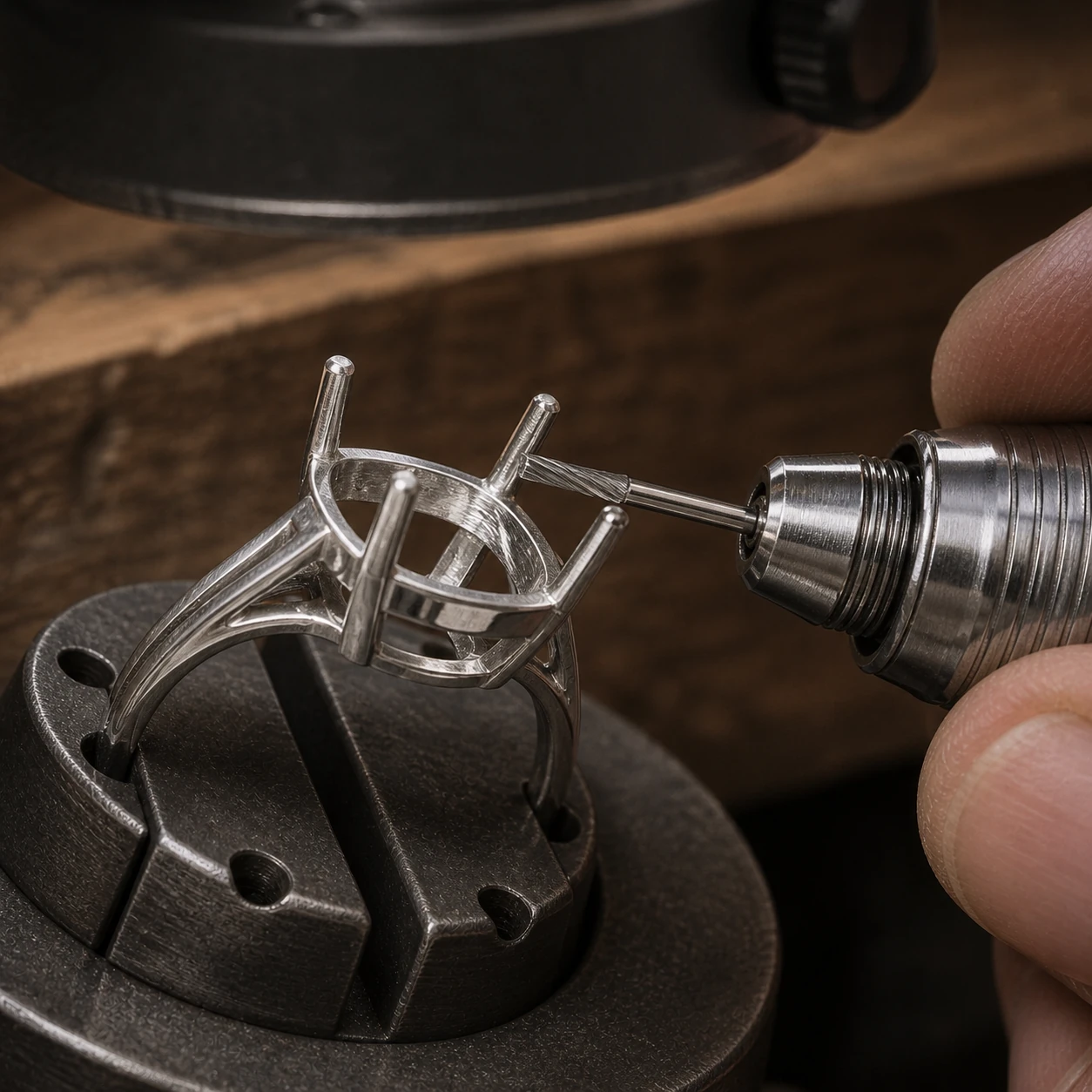 Workshop process study of a bearing seat being cut into an empty platinum ring prong