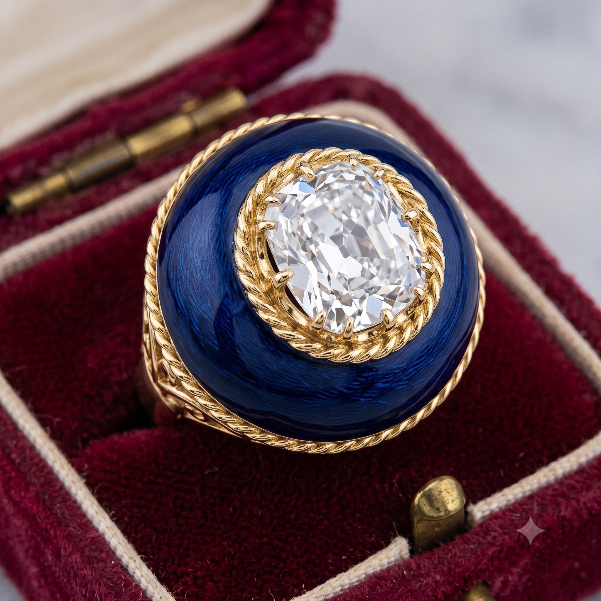 Antique diamond ring presented in a vintage jewel box