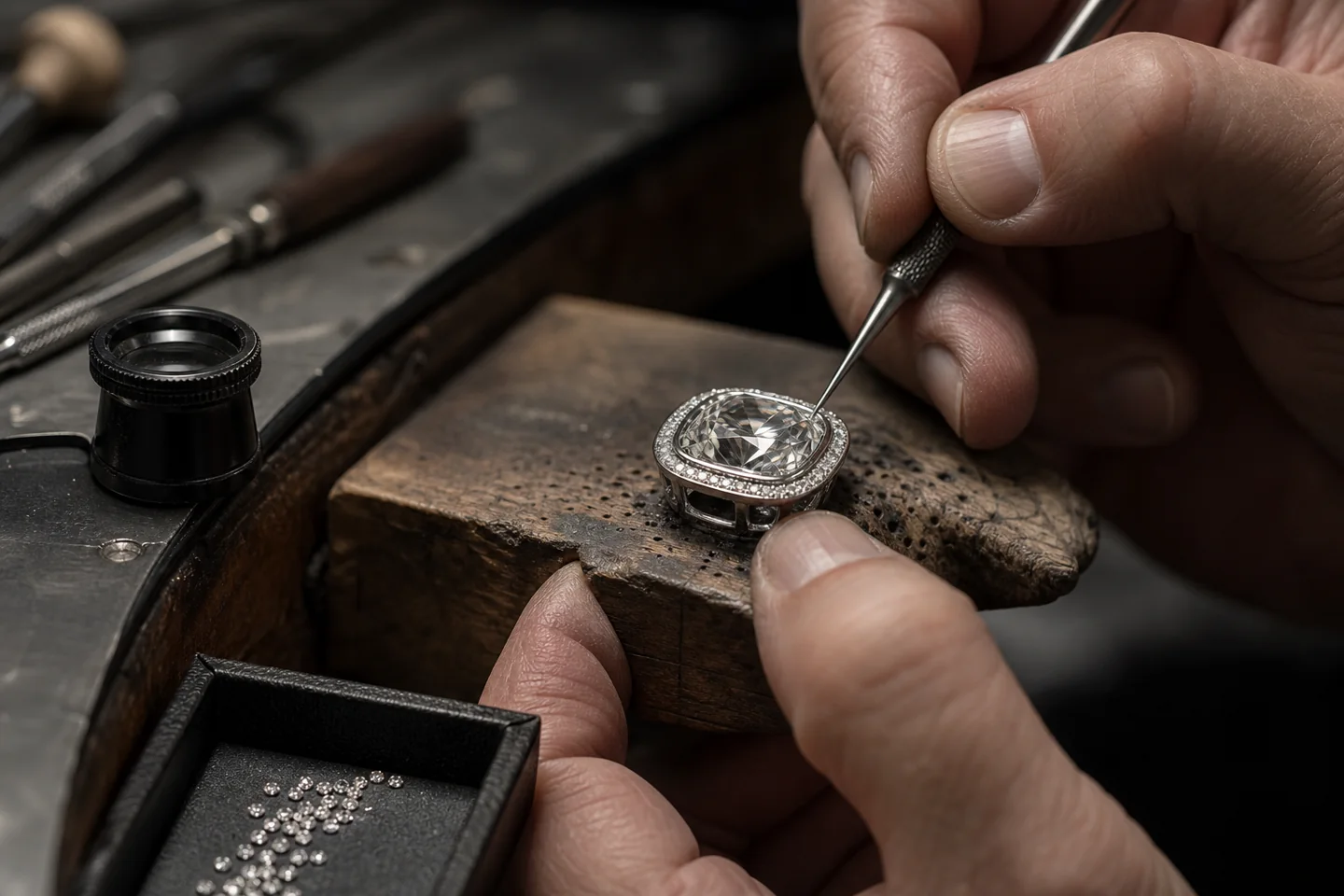 Workshop process study of pavé preparation and engraving around an antique cushion diamond