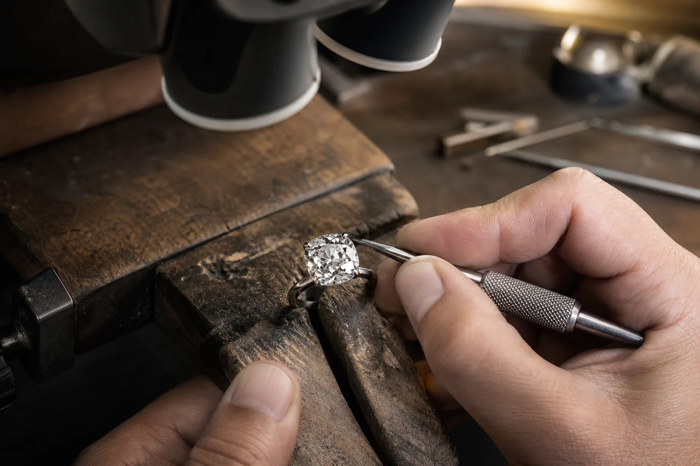 Workshop process study of an antique cushion diamond being set in platinum
