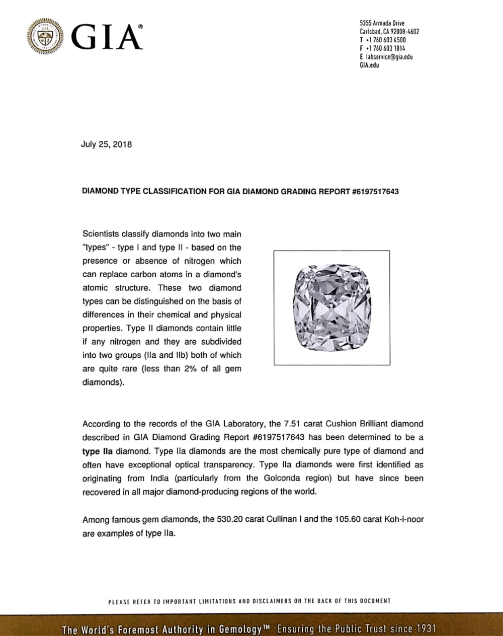 Original GIA Type IIa classification letter with a small photograph of the 7.51 ct diamond.