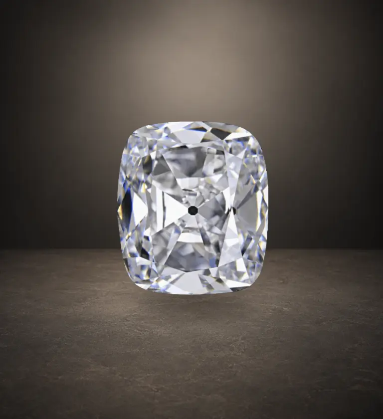 Face-up photograph of the 7.51 carat D IF Cushion Brilliant on a warm charcoal stone background