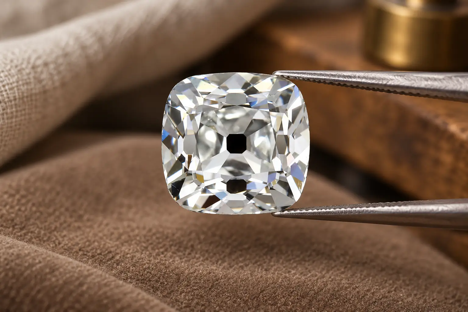 Generated editorial face-up view of an old mine cushion held in tweezers.