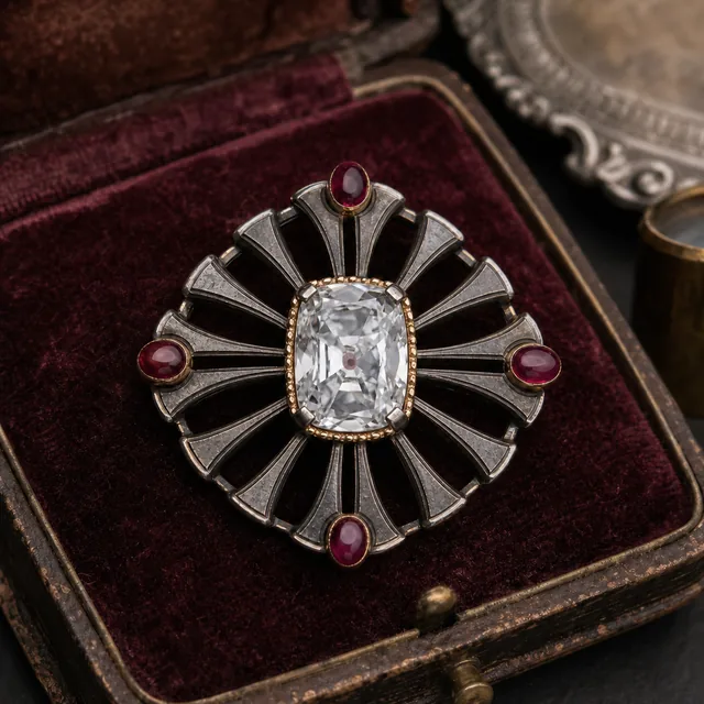 Antique ruby brooch centred with a cushion-cut diamond