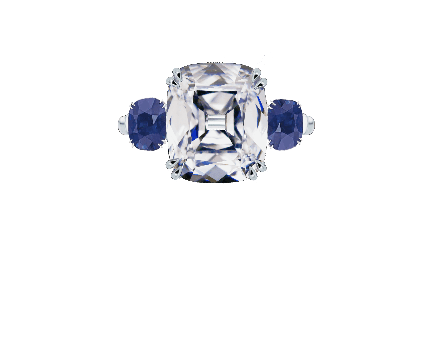 Front view of an Old Mine diamond ring with blue side stones