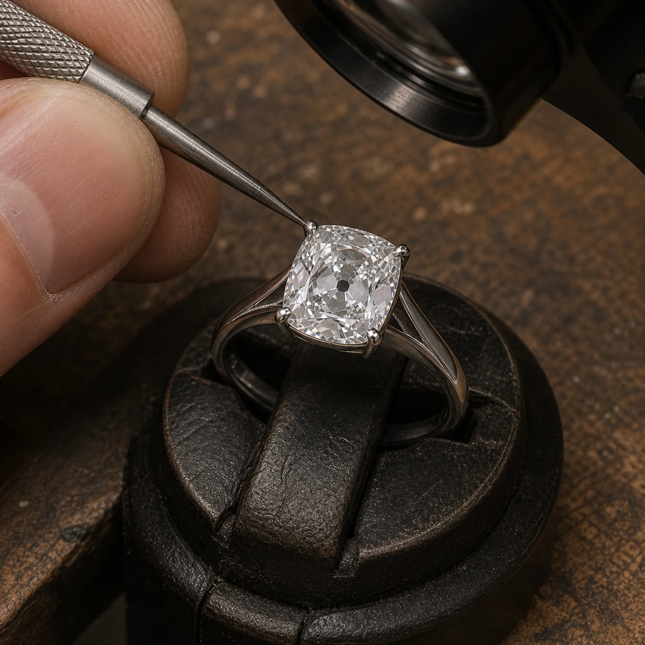 Completed four-prong antique cushion solitaire receiving its final inspection under a loupe