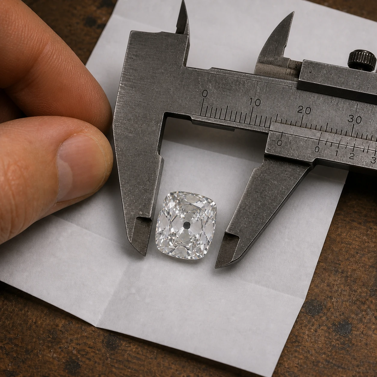 Loose antique cushion diamond being measured on gem paper at the jewellers bench