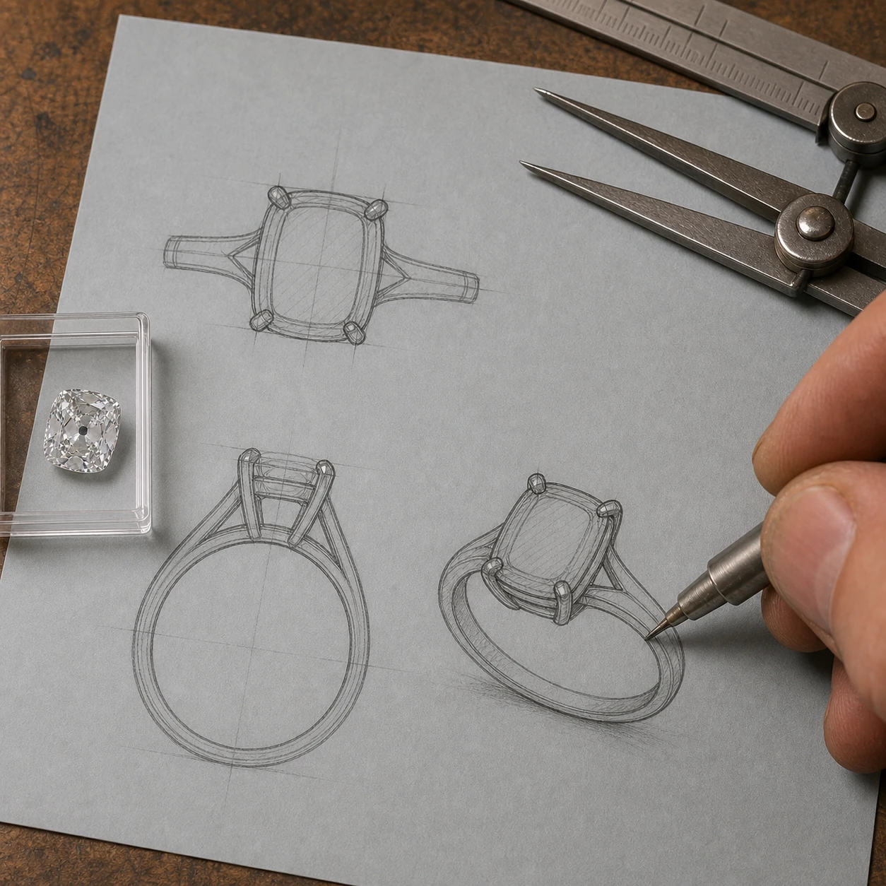 Four-prong antique cushion solitaire drawings beside the selected loose diamond